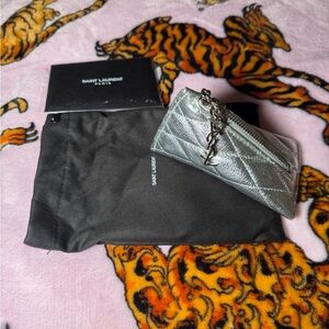 Saint Laurent Silver Quilted Leather Key Pouch with YSL Charm